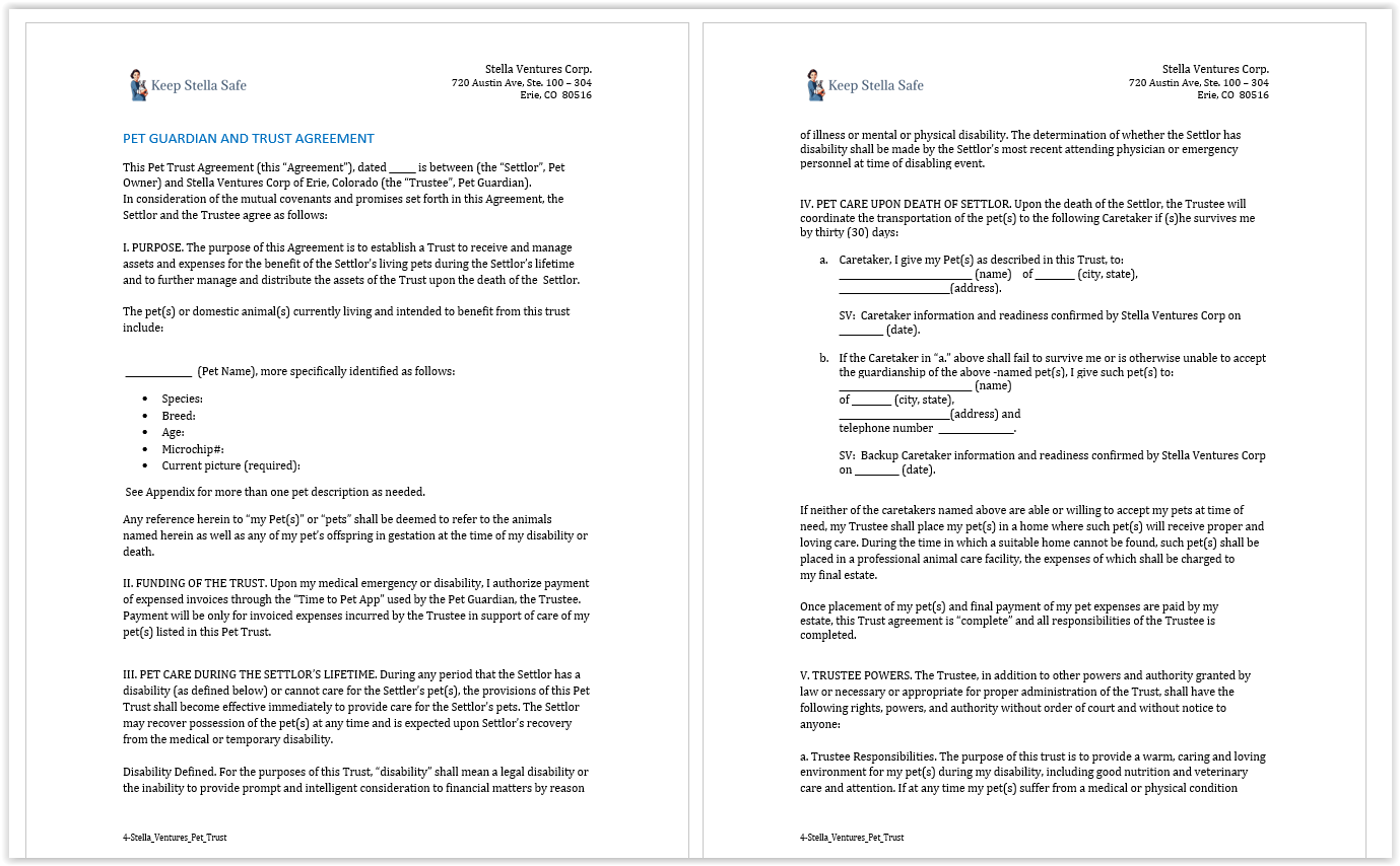 Pet Guardian and Trust Agreement